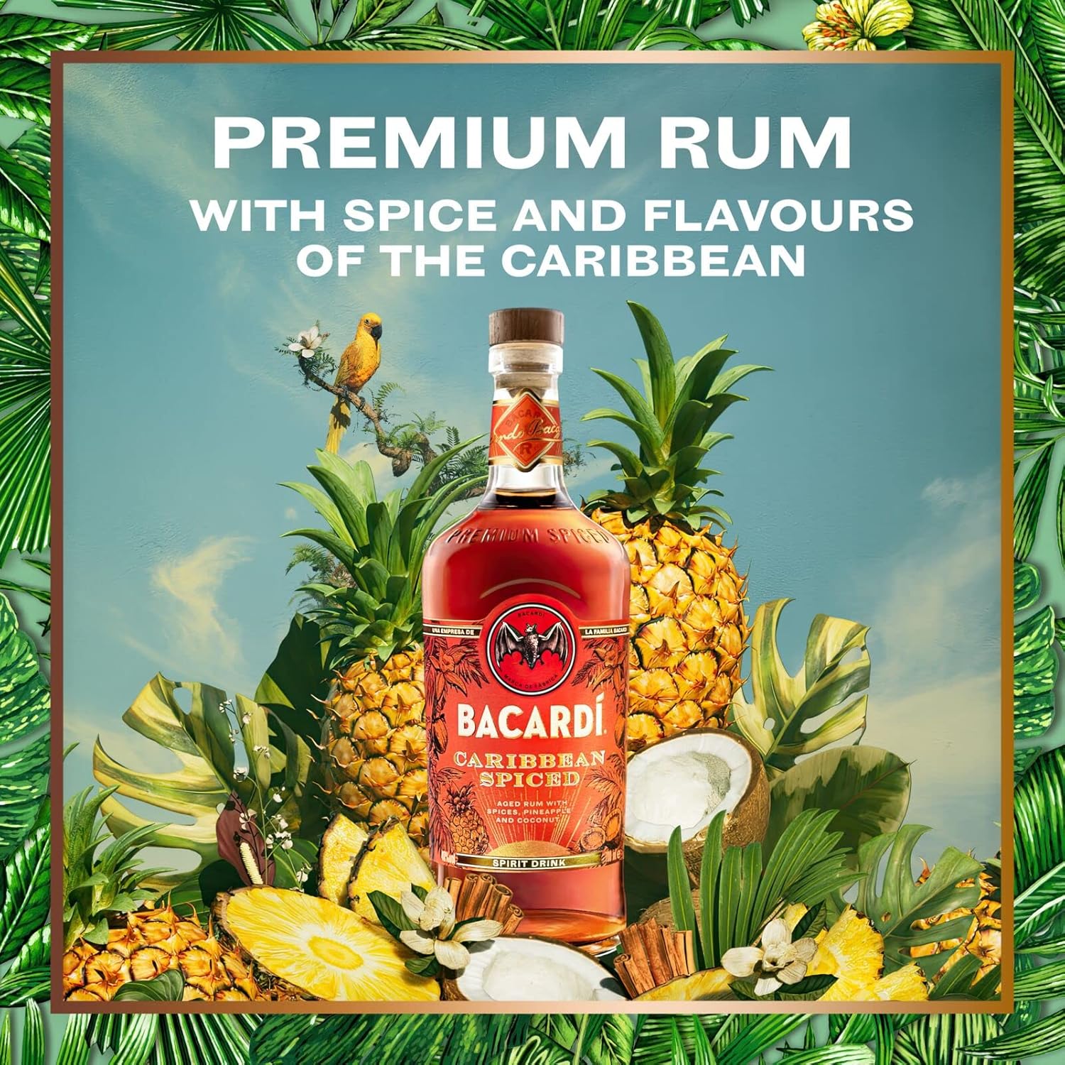 BACARDÍ Caribbean Spiced, 40% vol., 70cl / 700ml, Premium Blend of Aged Rum, Spices, Coconut and Pineapple, Ideal for Making Tropical Cocktails