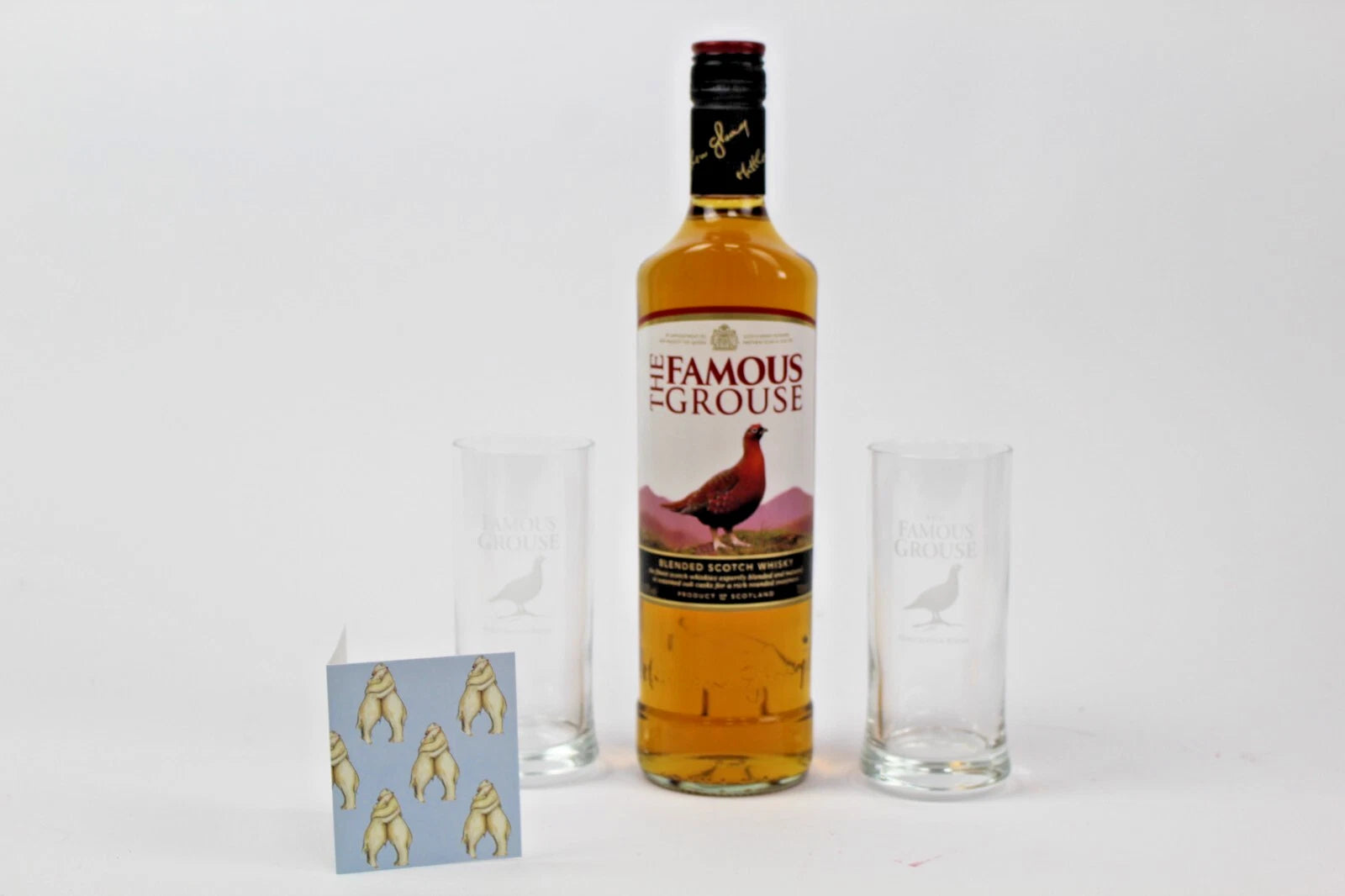 Famous Grouse whisky Gift set, with X2 branded glasses, free bear hug gift tag